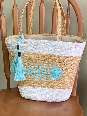 Stenciled straw beach bag